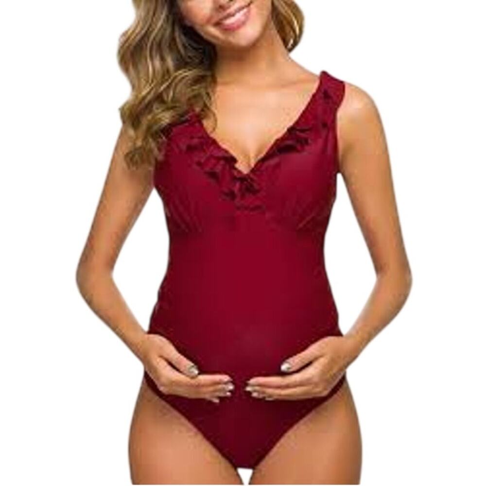 Tempotrek Maternity One Piece Swimsuit Burgundy Ruffle Flounce, Medium